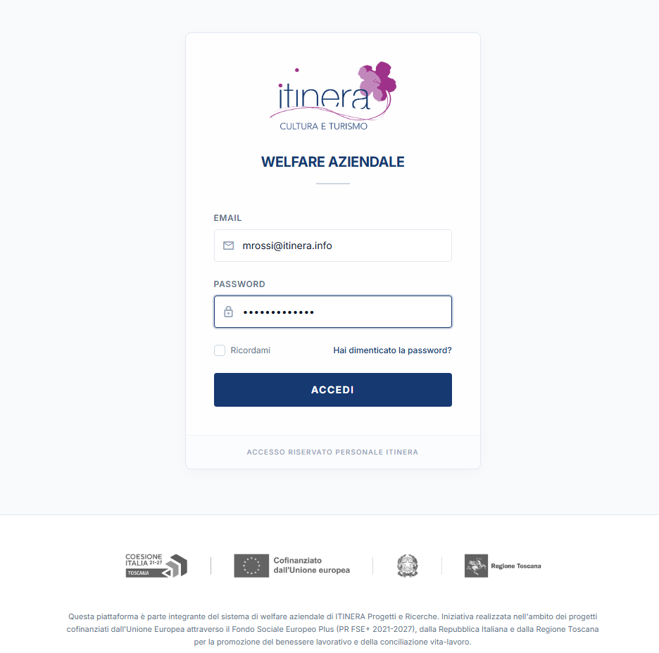 Schermata di login della piattaforma Welfare Aziendale