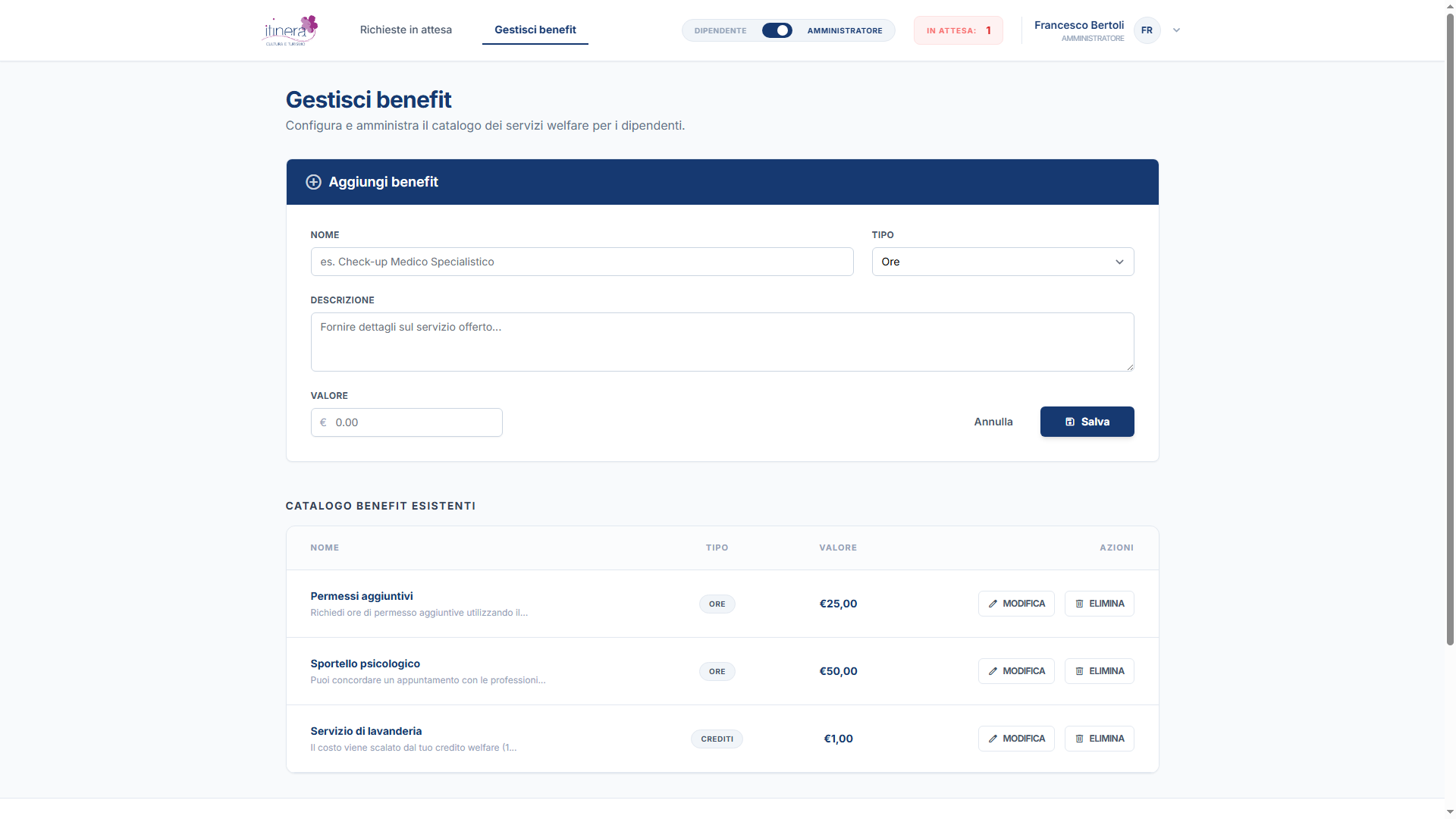 Schermata admin di creazione benefit Welfare Aziendale